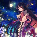  1girl black_hair branch breasts flower full_moon highres houraisan_kaguya jeweled_branch_of_hourai lily_of_the_valley long_hair long_sleeves looking_at_viewer looking_back moon night outstretched_arm outstretched_hand red_eyes sash shirt skirt sky smile solo star_(sky) starry_sky touhou tsubasa19900920 very_long_hair wide_sleeves 