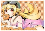  1girl bakemonogatari bare_shoulders blonde_hair collarbone doughnut dress elbow_rest fang food headgear long_hair looking_at_viewer lying monogatari_(series) on_stomach open_mouth oshino_shinobu pink_dress red_eyes small_breasts solo strap_slip wavy_hair yellow_eyes 