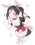  1girl artist_name black_hair blush bow breasts cleavage cleavage_cutout long_hair love_live!_school_idol_project maid maid_headdress marin_(myuy_3) puffy_short_sleeves puffy_sleeves red_eyes short_sleeves smile solo thigh-highs twintails yazawa_nico 