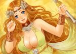  blue_eyes bracer breasts circlet cleavage collar curly_hair dress final_fantasy final_fantasy_xiv hair_ornament large_breasts mozuyun nophica paw_pose smile source_request staff 
