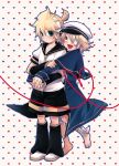  2boys blonde_hair blue_eyes blush hat heart heart_of_string hug hug_from_behind kagamine_len male multiple_boys oliver_(vocaloid) open_mouth red_string sailor_hat short_hair smile string vocaloid yaoi yellow_eyes yomorin 