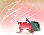  1girl :3 animal_ears bikuseno bow braid cat_ears cat_tail chibi hair_bow kaenbyou_rin lying multiple_tails red_background redhead ribbon short_hair sleeping solo tail touhou twin_braids 