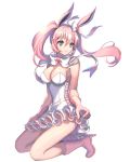  1girl animal_ears bare_shoulders blue_eyes bow bowtie breasts cleavage dress frilled_dress frills gloves hair_bow high_heel_boots high_heels jyh kneeling personification pink_gloves pink_hair pokemon pokemon_(game) pokemon_xy smile solo sylveon white_dress 