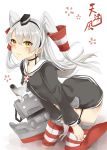  1girl absurdres akit_(15jamjam) amatsukaze_(kantai_collection) blush character_name garter_straps gloves highres kantai_collection kneeling long_hair looking_at_viewer rensouhou-kun silver_hair single_glove smile solo striped striped_legwear thigh-highs two_side_up white_gloves yellow_eyes 