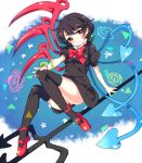  1girl asymmetrical_wings black_hair black_legwear houjuu_nue mary_janes naughty_face paragasu_(parags112) polearm red_eyes shoes short_hair solo thighs touhou trident ufo weapon wings 