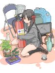  1girl bangs black_eyes black_hair blush bottle chair cup fire_extinguisher folding_chair hair_ornament hair_ribbon himeno_mikoto holding indesign kaii_syndrome payot plant potted_plant red_ribbon ribbon scared school_uniform serafuku shoes sitting skirt socks solo teacup teardrop television trash_can wariza 