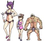  admiral_(kantai_collection) alternate_costume bag bikini breasts brown_eyes brown_hair cleavage eyepatch folded_ponytail fundoshi hat headgear height_difference holding inazuma_(kantai_collection) kantai_collection katana peaked_cap purple_hair short_hair shoulder_bag simple_background swimsuit sword tagme tenryuu_(kantai_collection) tonda weapon white_background yellow_eyes 
