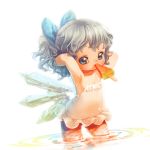  1girl armpits backlighting bare_arms brown_eyes child cirno colored_pencil_(medium) grey_hair hair_bobbles hair_ornament hands_in_hair ice ice_wings mouth_hold popsicle solo souri touhou traditional_media water watermelon_bar white_swimsuit wings younger 