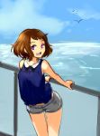  artist_request brown_hair eyes hyouka ibara_mayaka leaning_forward looking_at_viewer ocean purple railing short_hair shorts 