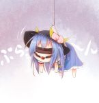  1girl ball_gag barefoot bikuseno blindfold blue_hair chibi food fruit gag hanging hat hinanawi_tenshi hook long_hair minigirl peach solo touhou 