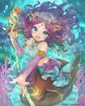  1girl animal_ears aqua_eyes armlet bare_shoulders bow bubble cat_ears circlet coral detached_sleeves gem halter_top halterneck jewelry kuuyasatuki long_hair looking_at_viewer mermaid midriff monster_girl necklace open_mouth original outstretched_arm outstretched_hand purple_hair ribbon seashell see-through shell skirt solo staff underwater 