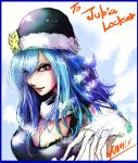  1girl blue_hair border breasts brown_eyes cleavage eyelashes fairy_tail fur_collar gloves hat juvia_loxar large_breasts solo uramix 