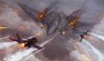  ace_combat ace_combat_infinity aircraft airplane battle canards clouds condensation_trail emblem fire flying jet mexican mexico missile original pvtskwerl realistic science_fiction smoke 