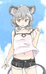  1girl alternate_costume alternate_hairstyle animal_ears bare_arms bare_shoulders blue_sky chemise clouds collarbone grey_hair midriff mouse_ears mouse_tail navel nazrin off_shoulder pink_eyes sape_(saperon_black) short_shorts shorts sky smirk solo strap_pull tail touhou twintails wind_lift 