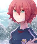  1boy bust face green_eyes inazuma_eleven inazuma_eleven_(series) inazuma_japan kiyama_hiroto lightning_bolt male no_pupils rain redhead sakurapain6918 short_hair smile soccer_uniform solo sportswear tree wet 