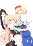  3girls ^_^ alice_margatroid apron blonde_hair blue_dress blue_eyes brown_eyes capelet chata_maru_(irori_sabou) closed_eyes dress grin group_hug hairband hat hat_removed headwear_removed hug if_they_mated kirisame_marisa mother_and_daughter multiple_girls one_eye_closed open_mouth petals puffy_short_sleeves puffy_sleeves sash shirt short_sleeves skirt skirt_set smile touhou waist_apron yuri 