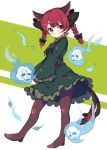  1girl animal_ears bow braid cat_ears cat_tail ghost hair_bow kaenbyou_rin oversized_clothes paragasu_(parags112) red_eyes redhead solo tail touhou twin_braids wide_sleeves 