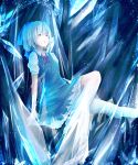  1girl blue_eyes blue_hair chestnut_mouth cirno highres ice ice_wings marumoru open_mouth sitting solo touhou wings 