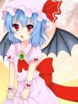  1girl ascot bat_wings blue_hair bow brooch fang full_moon hachi_(hrhr_1983) hat hat_ribbon highres jewelry looking_at_viewer mob_cap moon open_mouth puffy_short_sleeves puffy_sleeves red_eyes remilia_scarlet ribbon short_hair short_sleeves simple_background skirt skirt_hold skirt_set solo touhou wings wrist_cuffs yellow_background 