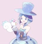  1girl bare_shoulders blue_eyes blue_hair dress elbow_gloves gloves hat lesoir_(pokemon) mei_(maysroom) multicolored_hair open_mouth pachirisu pokemon pokemon_(creature) pokemon_(game) pokemon_xy simple_background smile top_hat two-tone_hair 