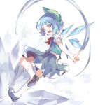  1girl blue_eyes blue_hair bow cirno dress hair_bow hillly_(maiwetea) ice ice_wings mary_janes open_mouth ribbon shoes short_hair simple_background smile solo touhou white_background wings 