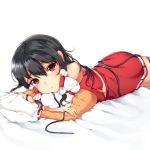  1girl bare_shoulders black_hair brown_eyes crossed_arms detached_sleeves entangled hair_tubes hakurei_reimu long_hair looking_at_viewer lying no_hair_bow on_stomach papo pillow shirt skirt skirt_set solo touhou 