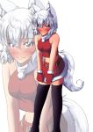  1girl animal_ears bare_shoulders black_legwear blush breasts gloves highres inubashiri_momiji kouno_ibuki large_breasts looking_at_viewer midriff miniskirt pom_pom_(clothes) red_eyes santa_costume short_hair silver_hair skirt solo tail touhou wolf_ears wolf_tail zoom_layer 