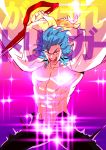  1boy abs bevel blue_hair fabulous glowing kill_la_kill male mikisugi_aikurou muscle open_clothes open_shirt scissor_blade solo 