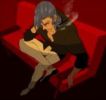 1boy bevel blue_hair cigarette couch crossed_legs kill_la_kill male mikisugi_aikurou sitting smoking solo 