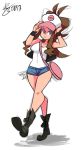  1girl baseball_cap bigdead93 blue_eyes brown_hair hat highres long_hair pokemon pokemon_(game) pokemon_bw ponytail short_shorts shorts solo touko_(pokemon) vest wristband 