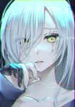  1girl abe_hikaru absurdres android bangs collarbone cracked_eyes cracked_skin damaged highres long_hair mechanical_parts original portrait silver-haired_gynoid_(abe_hikaru) sleeves_past_wrists solo white_hair yellow_eyes 