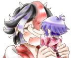  2girls black_hair cink-knic commentary_request covering_eyes fang holding horns japanese_clothes kijin_seija kimono minigirl multicolored_hair multiple_girls no_hat open_mouth parody purple_hair redhead streaked_hair sukuna_shinmyoumaru touhou 