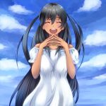  1girl :d ^_^ bare_shoulders black_hair blush breasts captain_earth closed_eyes clouds dark_skin dress fingers_together long_hair mutou_hana n-plus open_mouth sky smile solo two_side_up very_long_hair 