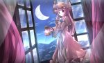 1girl bow crescent_moon hair_bow hair_ornament hat highres holding lantern long_hair mob_cap moon night night_sky open_window parted_lips patchouli_knowledge risutaru sky solo touhou violet_eyes wind 