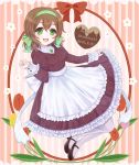  1girl :3 apron axis_powers_hetalia belgium_(hetalia) bow brown_hair chocolate chocolate_heart dated dress flower frilled_apron frilled_dress frilled_sleeves frills green_bow green_eyes hair_bow hairband happy_birthday heart inazuma11a knees_together_feet_apart knees_touching long_sleeves mary_janes open_mouth personification puffy_long_sleeves puffy_sleeves purple_dress red_bow shoes short_hair solo text tulip white_bow white_legwear 