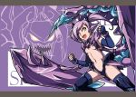  1girl ahoge elbow_gloves fang fingerless_gloves genderswap gloves highres league_of_legends looking_at_viewer nam_(valckiry) navel open_mouth purple_hair scorpion_tail sharp_teeth skarner small_breasts solo thigh-highs twintails yellow_eyes 