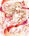  1girl absurdres azumamutuki blonde_hair cherry cherry_blossoms flower flower_on_head food food_themed_clothes frilled_skirt frills fruit hair_ornament hairband highres jewelry kagerou_project key kozakura_mary long_hair looking_at_viewer parted_lips pendant red_eyes shawl skirt solo wind 