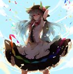  1girl arms_behind_head arms_up blue_hair blue_sky clouds food fruit hat highres hinanawi_tenshi long_hair looking_at_viewer peach pink_eyes puffy_short_sleeves puffy_sleeves shaded_face shirt short_sleeves shuzi skirt sky solo touhou very_long_hair wind 
