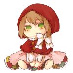  1girl :3 axis_powers_hetalia belgium_(hetalia) blush bow brown_hair buttons chibi cloak colored_eyelashes cosplay dress frilled_dress frills full_body green_eyes hood hooded_cloak little_red_riding_hood_(cosplay) little_red_riding_hood_(grimm) long_sleeves no_nose patches personification shoes short_hair simple_background sitting solo uniraisu white_background white_bow 