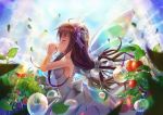  1girl blurry bow brown_hair bubble closed_eyes depth_of_field dress fairy fairy_wings hair_bow hair_ornament hair_ribbon holding leaf lights long_hair original ribbon sky solo tagme td tomato white_dress wind wings 