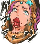  1girl ahegao aqua_eyes blood blood_from_mouth crying crying_with_eyes_open eyelashes face forehead_jewel highres jojo_no_kimyou_na_bouken long_hair midler nameo_(judgemasterkou) open_mouth parody piercing pink_hair ponytail rolling_eyes solo spoilers tears tongue tongue_out tongue_piercing 