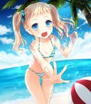  1girl ball beach beachball bikini blonde_hair blue_eyes flat_chest kay_(utd) original short_hair swimsuit twintails 