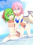  2girls animal_ears arm_support bikini bikini_skirt blue_bikini breasts cato_(monocatienus) collarbone crop_top dog_ears earrings feathered_wings frilled_skirt frills green_eyes green_hair hair_between_eyes hands_on_another&#039;s_hips hands_on_another&#039;s_shoulders highres jewelry kasodani_kyouko kneeling leaning_forward looking_at_another midriff multiple_girls mystia_lorelei navel partially_submerged pink_eyes short_hair sitting skirt sky small_breasts swimsuit touhou violet_eyes water wings 