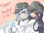  2girls ^_^ akatsuki_(kantai_collection) black_hair blush bust closed_eyes grey_eyes hat hibiki_(kantai_collection) jewelry kantai_collection long_hair multiple_girls musouzuki open_mouth ring school_uniform serafuku silver_hair smile wedding_band 