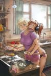  2girls blonde_hair blue_eyes breakfast breast_grab brown_hair closed_eyes commentary cooking digital_media_player drooling grabbing grabbing_from_behind headphones highres in_panties multiple_girls open_mouth original psuede shorts sleepy t-shirt yuri 