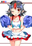  1girl bare_arms bare_shoulders black_hair cheerleader collarbone crop_top e.o. highres horns kijin_seija midriff multicolored_hair navel pom_poms skirt solo streaked_hair tongue tongue_out touhou 