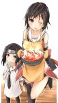  2girls alternate_hairstyle bare_shoulders black_hair dress forehead_protector grey_eyes hair_ornament hairclip headband heart highres if_they_mated kantai_collection long_hair looking_at_viewer mother_and_daughter multiple_girls naruto neckerchief one-piece_swimsuit open_mouth oven_mitts pot saku_(kudrove) sendai_(kantai_collection) short_hair shrimp skirt smirk standing_on_one_leg stew swimsuit vegetable white_dress 