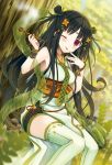  1girl black_hair blush breasts flower forest hair_ornament japanese_clothes kimono leaf long_hair looking_at_viewer nature necktie original pipe sitting smoke solo thigh-highs tongue tongue_out tree violet_eyes yuuki_rika 