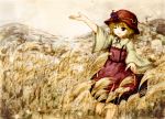  1girl aki_minoriko blonde_hair food fruit grapes hat highres leaf misuriru_(mithril) one_eye_closed open_mouth outstretched_arm red_eyes short_hair smile solo touhou traditional_media wheat wheat_field 