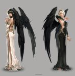  2girls angel_wings armlet barefoot black_hair black_wings blonde_hair blue_eyes bracer chain closed_eyes detached_sleeves dress feathers goddess hands_clasped hands_on_own_chest highres jewelry long_hair mabinogi macha_(mabinogi) morrighan multiple_girls neck_ring official_art wings 